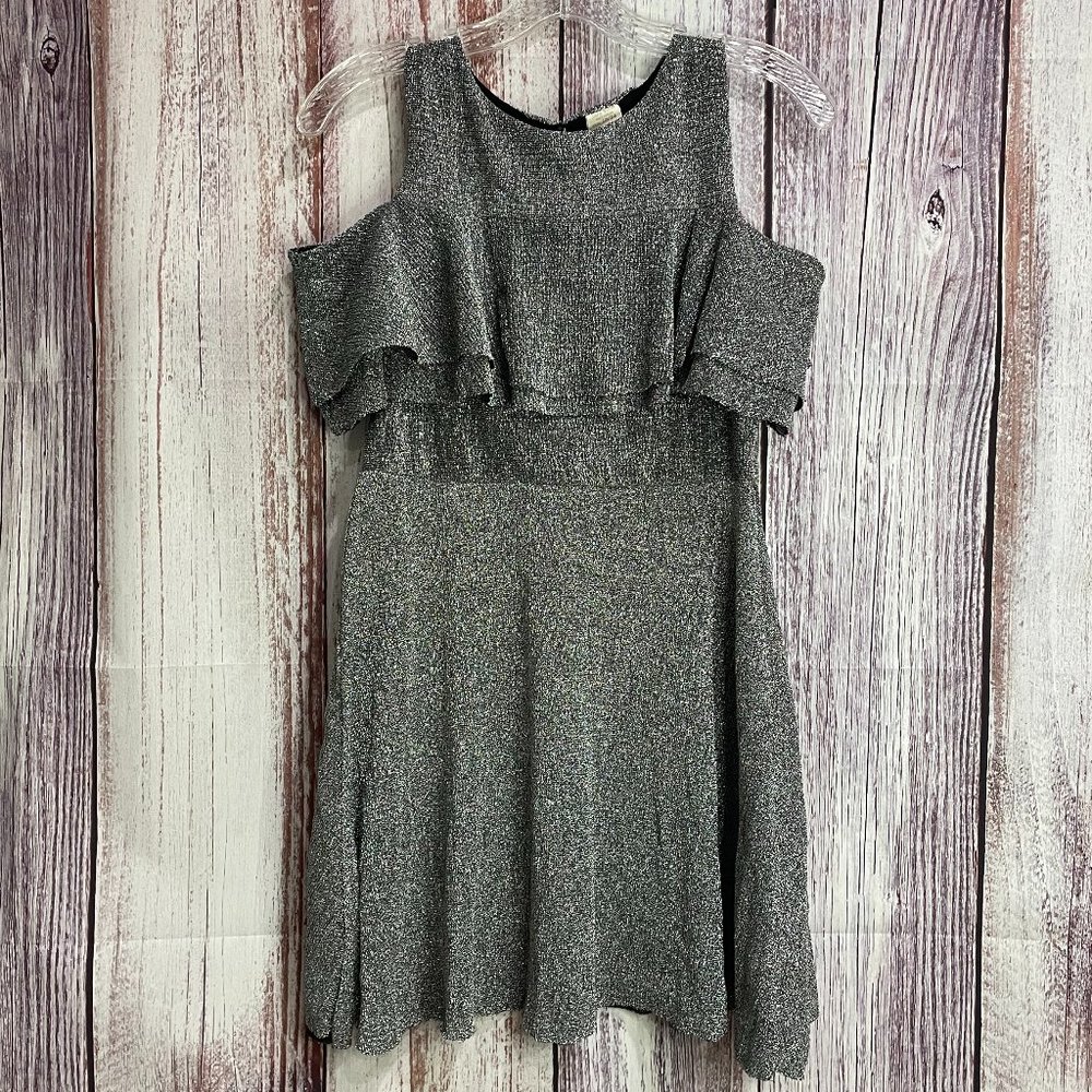 Zara Girls Cold Shoulder Sparkly Silver Ruffled Dress Size 13/14. #5031